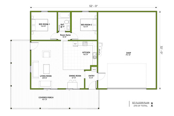 Floor Plan - Main Floor for Barndominium House Plan #1106-10 - 2 bed, 1 bath