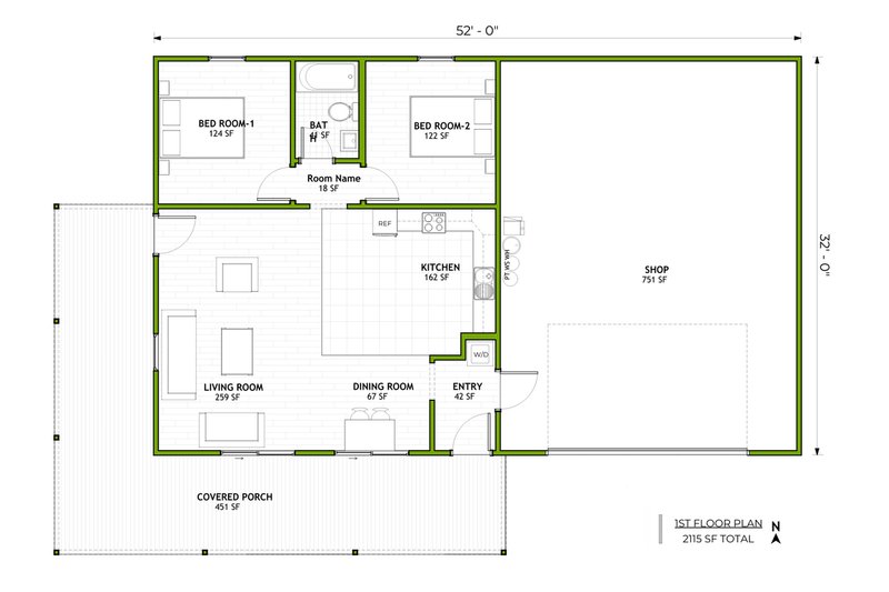 Home Plan - Floor Plan - Main Floor for Barndominium House Plan #1106-10 - 2 bed, 1 bath