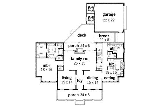 Floor Plan - Main Floor for Southern House Plan #45-281 - 4 bed, 3.5 bath