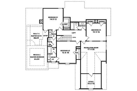 Floor Plan - Upper Floor for Colonial House Plan #81-556 - 4 bed, 3.5 bath