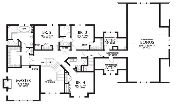 Upper level floor plan - 4000 square foot Country Craftsman home