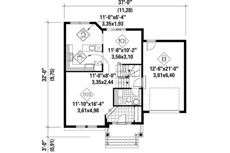 House Blueprint - Floor Plan - Main Floor for Country House Plan #25-4602 - 3 bed, 1 bath