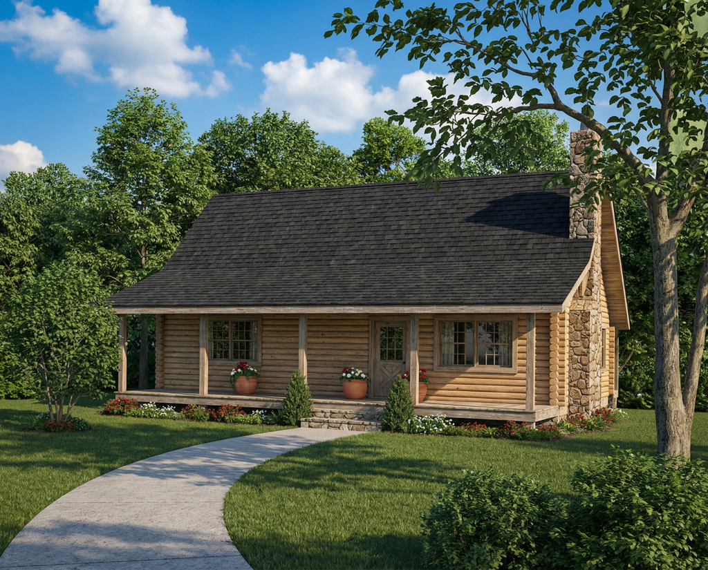 Exterior - Front Elevation 2 for Log House Plan #17-458 - 3 bed, 2 bath