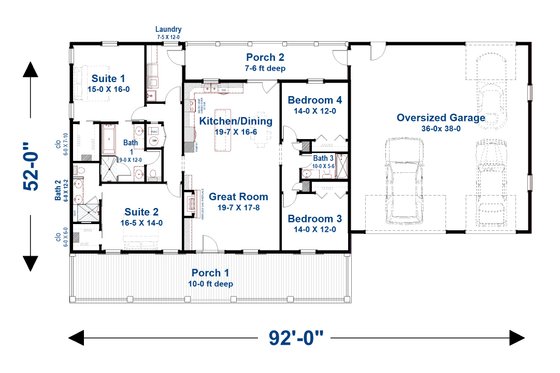 Floor Plan - Main Floor for Barndominium House Plan #44-294 - 4 bed, 3 bath