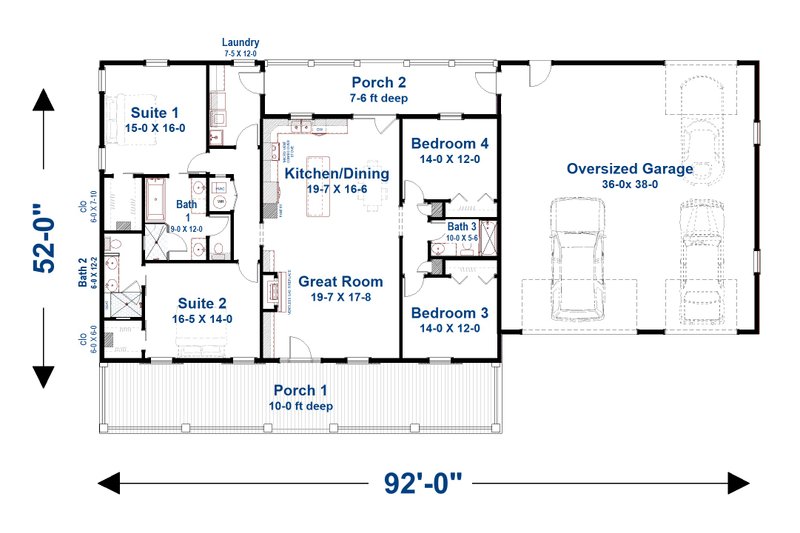 Home Plan - Floor Plan - Main Floor for Barndominium House Plan #44-294 - 4 bed, 3 bath