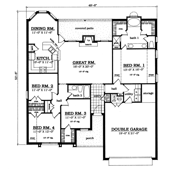 Floor Plan - Main Floor for Traditional House Plan #42-128 - 4 bed, 2 bath