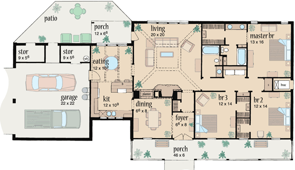Ranch Style House Plan - 3 Beds 2 Baths 1800 Sq/Ft Plan #36-156