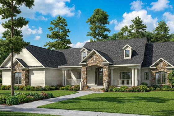 Exterior - Front Elevation 3 for Ranch House Plan #17-1166 - 4 bed, 3.5 bath