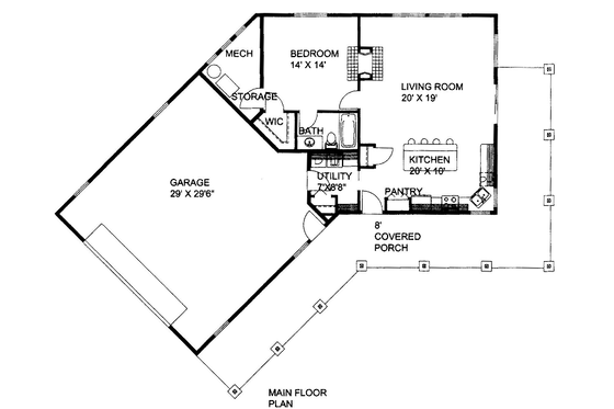 Floor Plan - Main Floor for Bungalow House Plan #117-677 - 1 bed, 1 bath