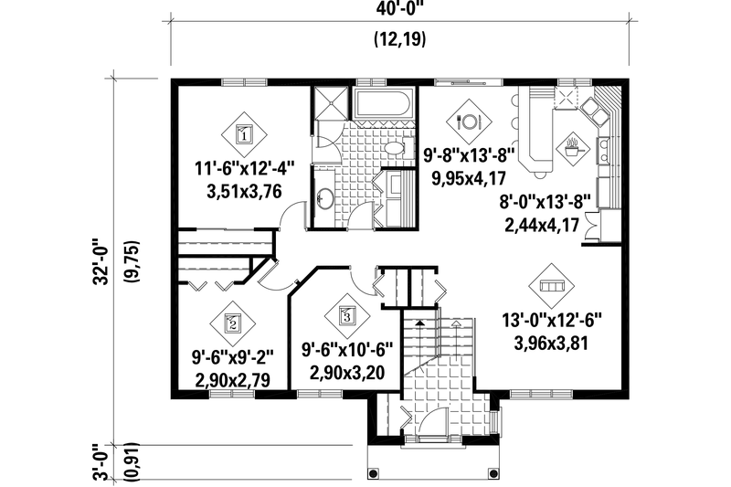 House Blueprint - Floor Plan - Main Floor for Classical House Plan #25-4836 - 3 bed, 1 bath