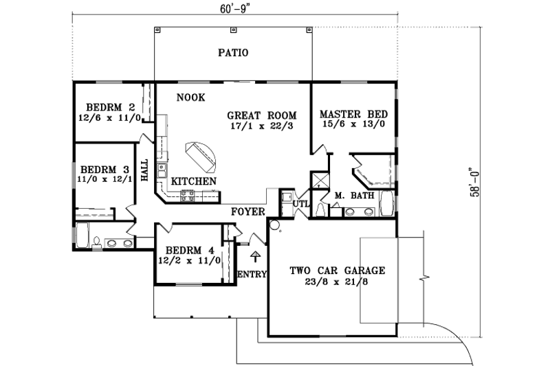 Home Plan - Floor Plan - Main Floor for Adobe / Southwestern House Plan #1-1370 - 4 bed, 3 bath