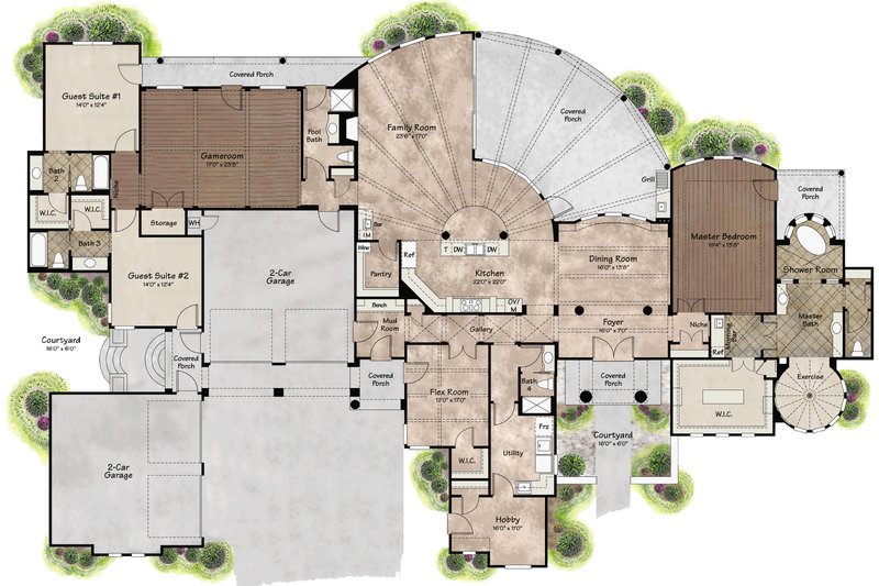 Home Plan - Floor Plan - Main Floor for Mediterranean House Plan #80-199 - 4 bed, 5 bath
