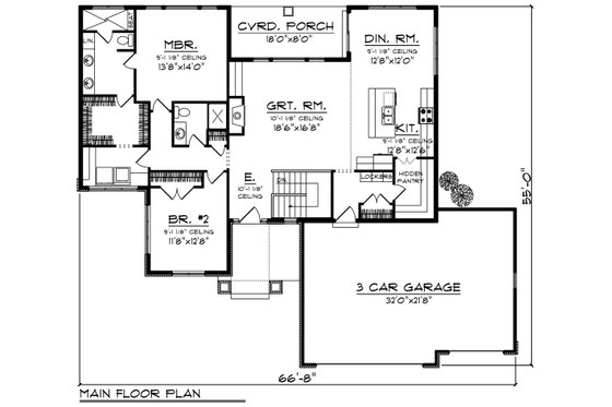 Floor Plan - Main Floor for Ranch House Plan #70-1208 - 2 bed, 2 bath
