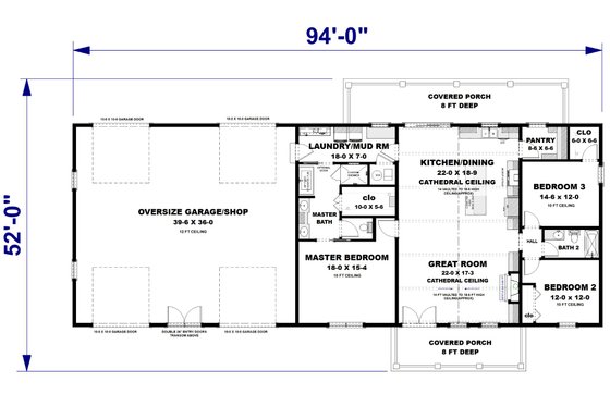 Floor Plan - Main Floor for Barndominium House Plan #44-296 - 3 bed, 2 bath