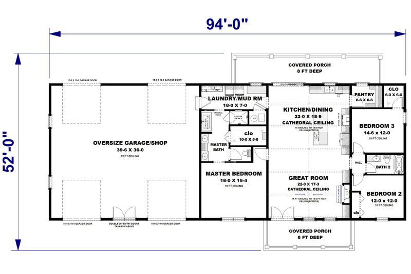 House Design - Floor Plan - Main Floor for Barndominium House Plan #44-296 - 3 bed, 2 bath