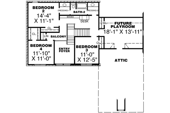 Floor Plan - Upper Floor for European House Plan #34-207 - 4 bed, 2.5 bath