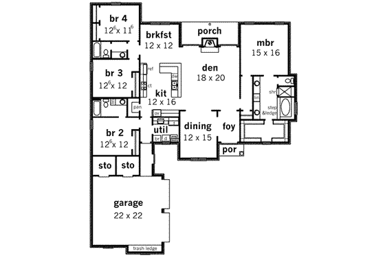 Floor Plan - Main Floor for European House Plan #16-330 - 4 bed, 3 bath