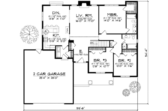 Floor Plan - Main Floor for Traditional House Plan #70-595 - 3 bed, 2 bath