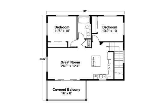 Floor Plan - Upper Floor for Traditional House Plan #124-1300 - 2 bed, 1.5 bath