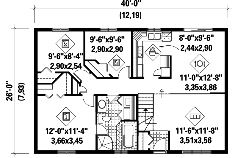 Architectural House Design - Floor Plan - Main Floor for Country House Plan #25-4813 - 3 bed, 1 bath
