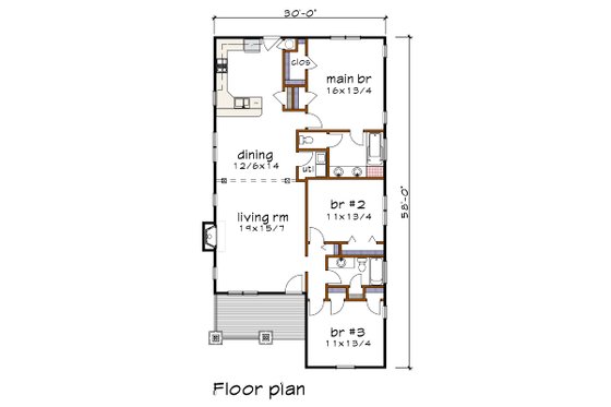 Floor Plan - Main Floor for Bungalow House Plan #79-269 - 3 bed, 2 bath