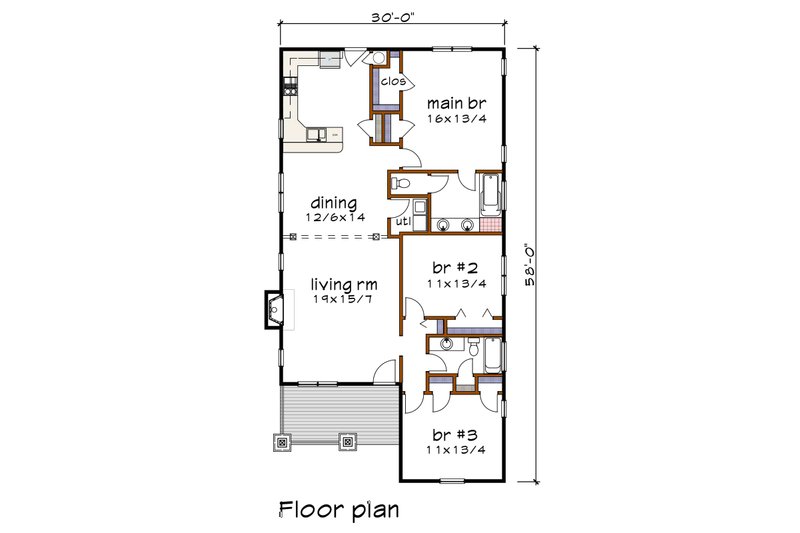Home Plan - Floor Plan - Main Floor for Bungalow House Plan #79-269 - 3 bed, 2 bath