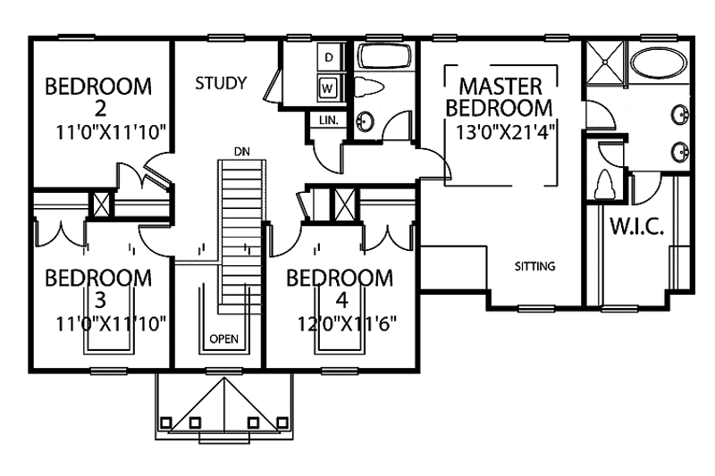 Architectural House Design - Floor Plan - Upper Floor for Colonial House Plan #999-66 - 4 bed, 2.5 bath