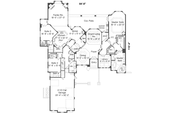 Floor Plan - Main Floor for Mediterranean House Plan #135-132 - 3 bed, 4.5 bath
