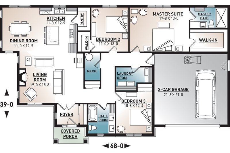 House Blueprint - Floor Plan - Main Floor for Ranch House Plan #23-2658 - 3 bed, 2 bath