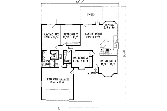 Floor Plan - Main Floor for Ranch House Plan #1-1317 - 3 bed, 2 bath