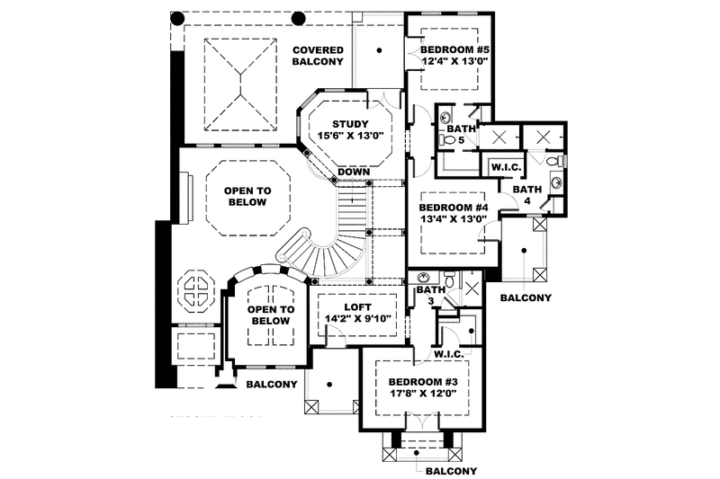 House Blueprint - Floor Plan - Upper Floor for Mediterranean House Plan #1017-102 - 5 bed, 5 bath