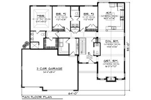 Floor Plan - Main Floor for Ranch House Plan #70-1196 - 3 bed, 2.5 bath