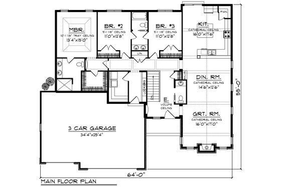 Floor Plan - Main Floor for Ranch House Plan #70-1196 - 3 bed, 2.5 bath