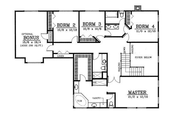 Floor Plan - Upper Floor for Colonial House Plan #101-206 - 4 bed, 3.5 bath
