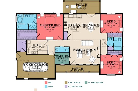 Floor Plan - Main Floor for Ranch House Plan #63-384 - 3 bed, 2 bath