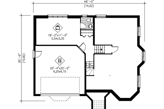 Floor Plan - Lower Floor for European House Plan #25-364 - 3 bed, 2 bath