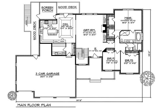Floor Plan - Main Floor for Ranch House Plan #70-334 - 3 bed, 2 bath