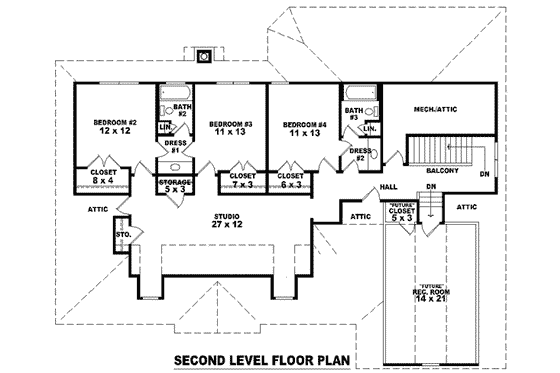 Floor Plan - Upper Floor for Southern House Plan #81-1098 - 4 bed, 3.5 bath