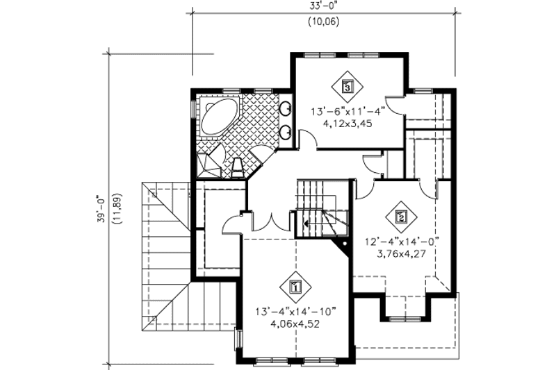 House Blueprint - Floor Plan - Upper Floor for European House Plan #25-4161 - 3 bed, 1.5 bath