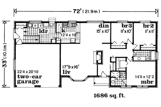 Floor Plan - Main Floor for Ranch House Plan #47-472 - 3 bed, 2 bath