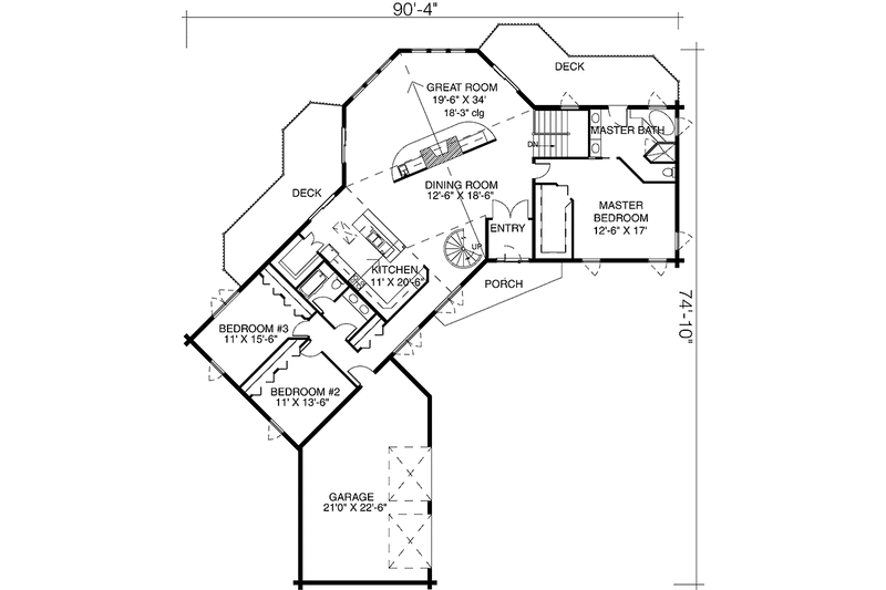House Blueprint - Floor Plan - Main Floor for Log House Plan #964-14 - 3 bed, 2 bath