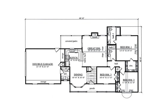 Floor Plan - Main Floor for Southern House Plan #42-410 - 3 bed, 2 bath