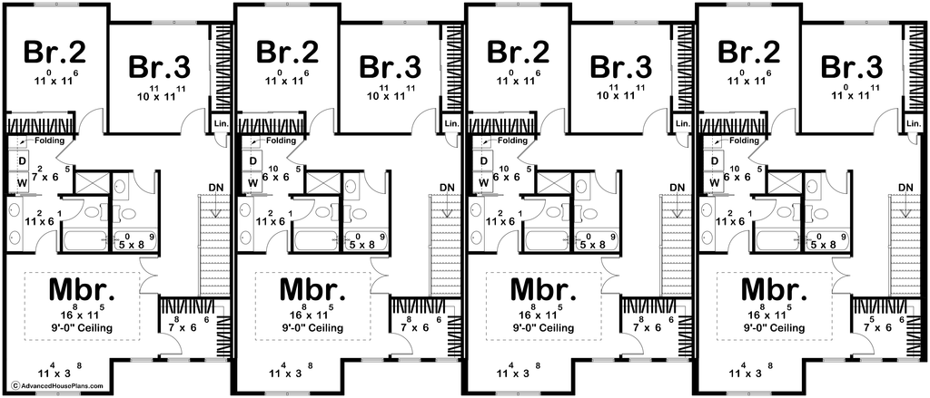 Floor plan showing the upper level of four units together, each with three bedrooms and two bathrooms.