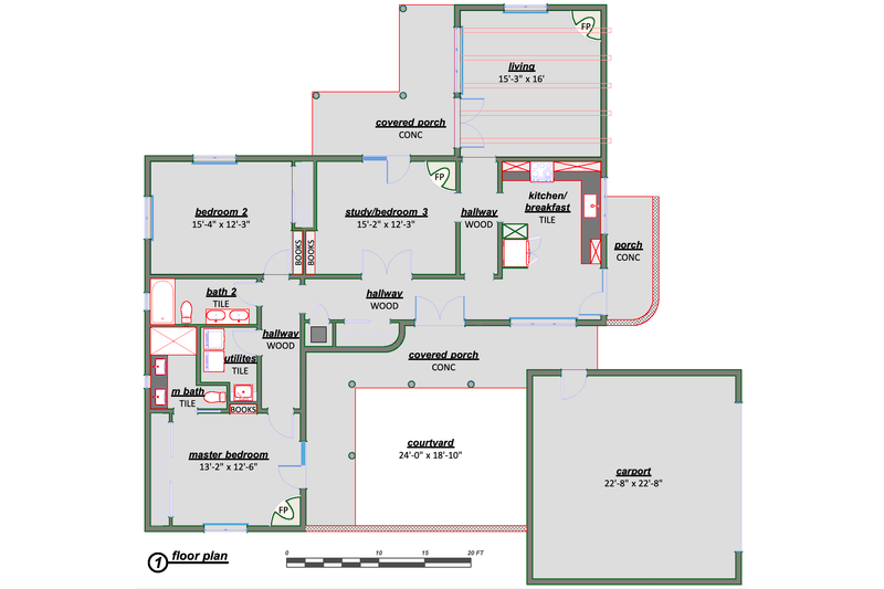 Architectural House Design - Floor Plan - Main Floor for Adobe / Southwestern House Plan #450-9 - 3 bed, 2 bath