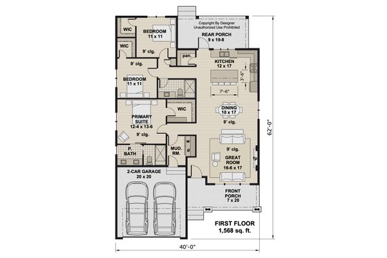 Floor Plan - Main Floor for Craftsman House Plan #51-1400 - 3 bed, 2 bath