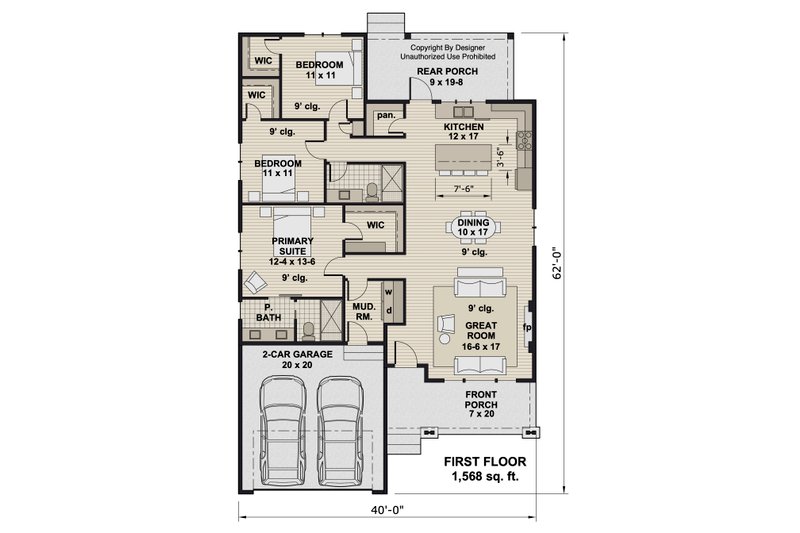 House Design - Floor Plan - Main Floor for Craftsman House Plan #51-1400 - 3 bed, 2 bath