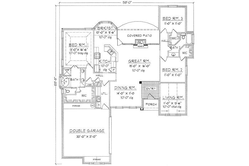 House Blueprint - Floor Plan - Main Floor for Country House Plan #42-693 - 3 bed, 2 bath