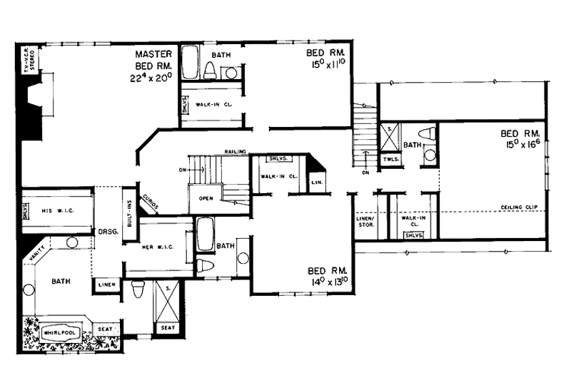 House Blueprint - Floor Plan - Upper Floor for Tudor House Plan #72-874 - 4 bed, 5 bath