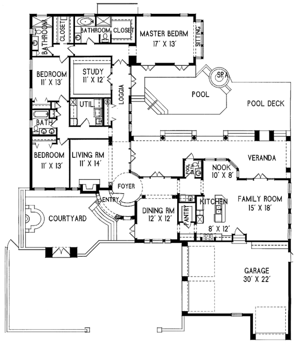 Architectural House Design - Mediterranean Floor Plan - Main Floor Plan #76-121