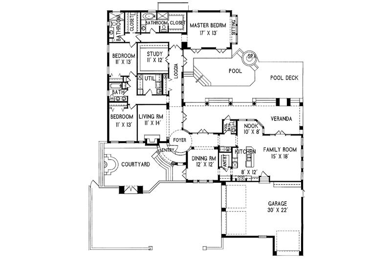 House Plan Design - Floor Plan - Main Floor for Mediterranean House Plan #76-121 - 3 bed, 3.5 bath